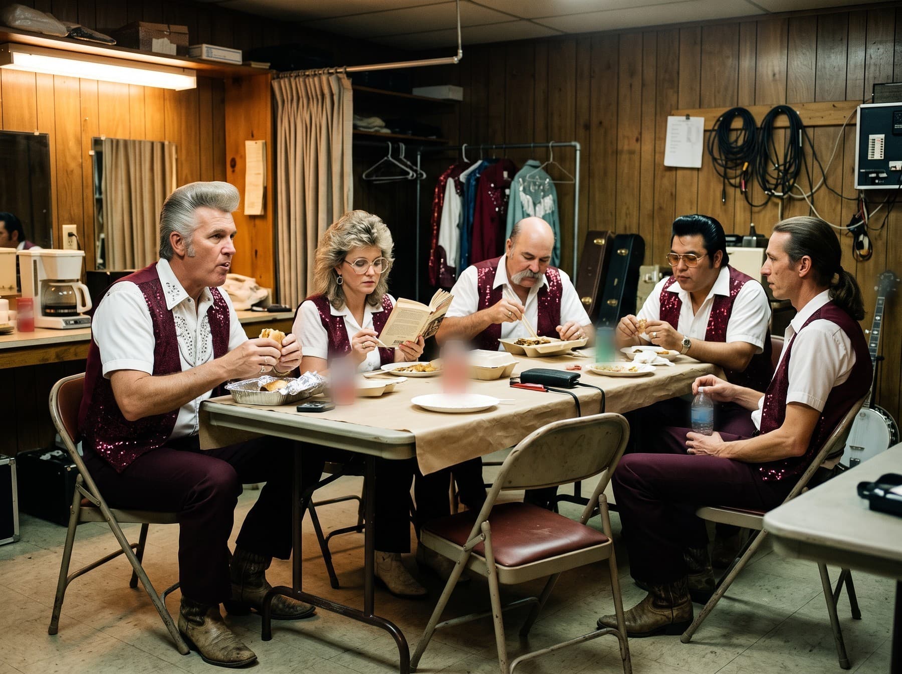 Five band members in sequined vests eating dinner at a folding table in a wood-paneled dressing room
