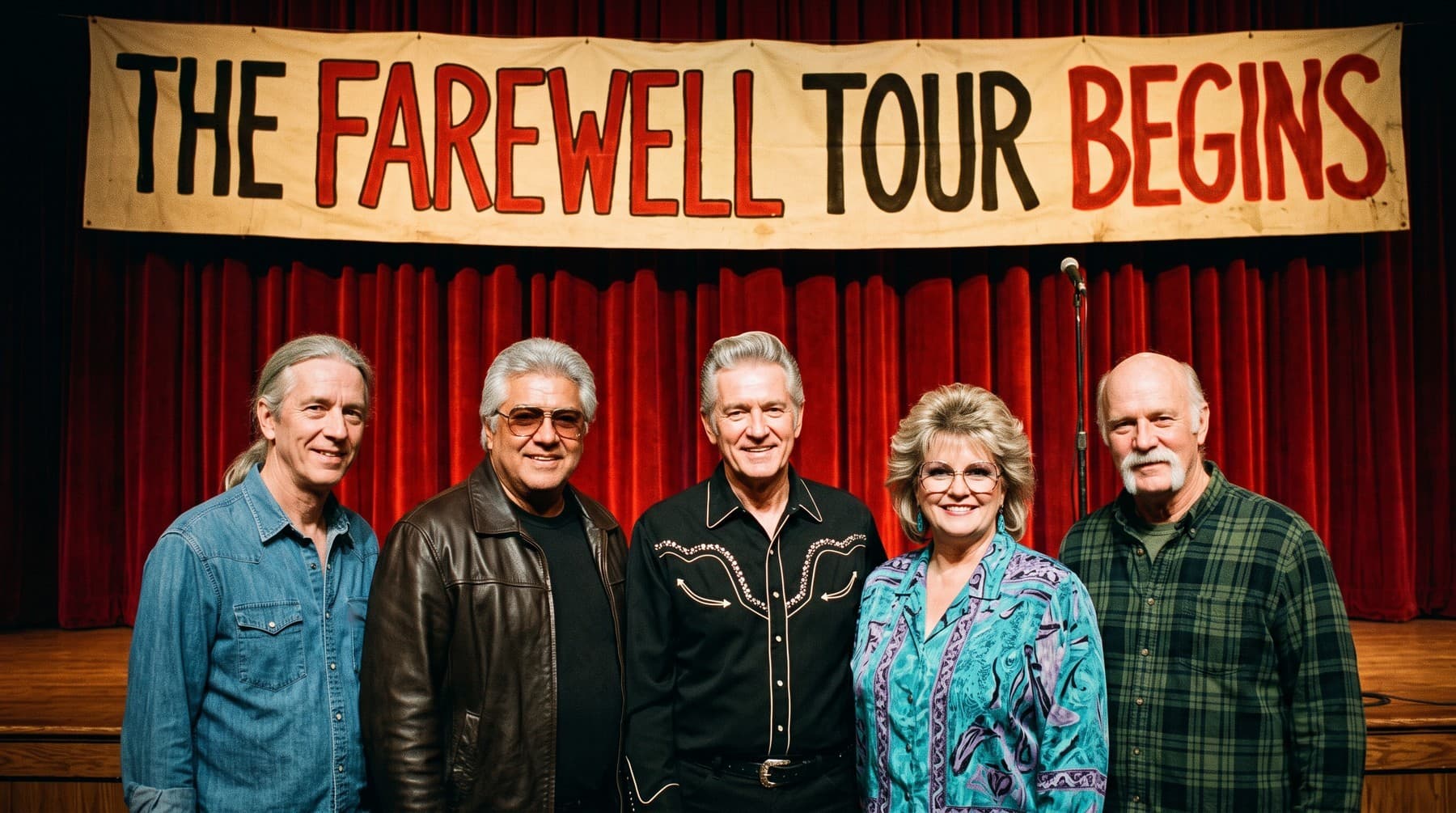 The five band members standing on a stage beneath a hand-painted banner that reads THE FAREWELL TOUR BEGINS