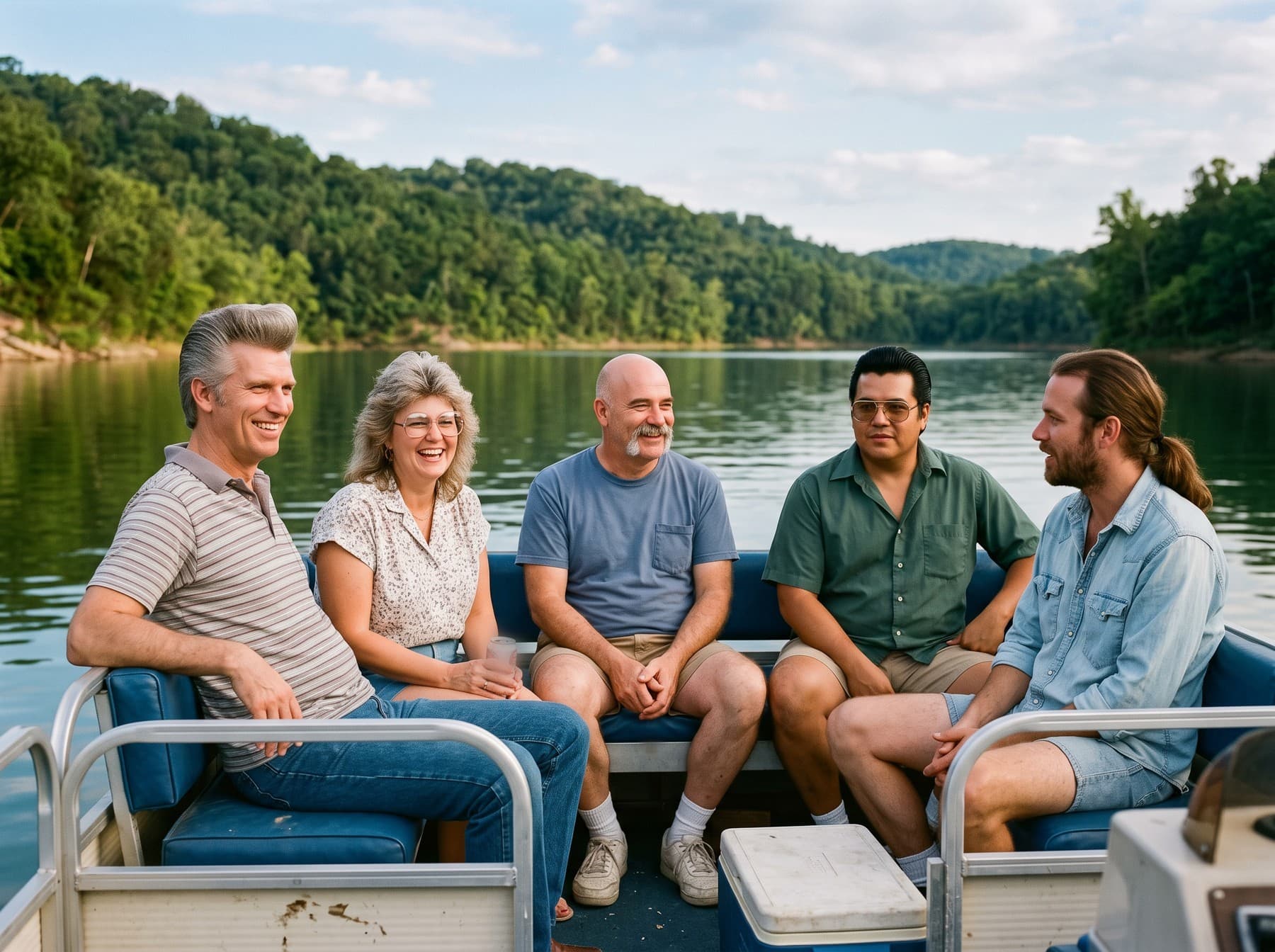 The five band members relaxing on a pontoon boat on a green lake between wooded hills