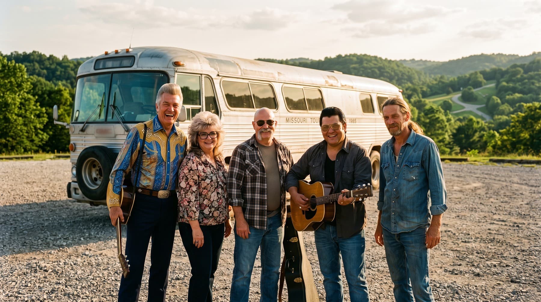 The five band members standing in front of a silver touring coach on a gravel lot in the Ozark hills