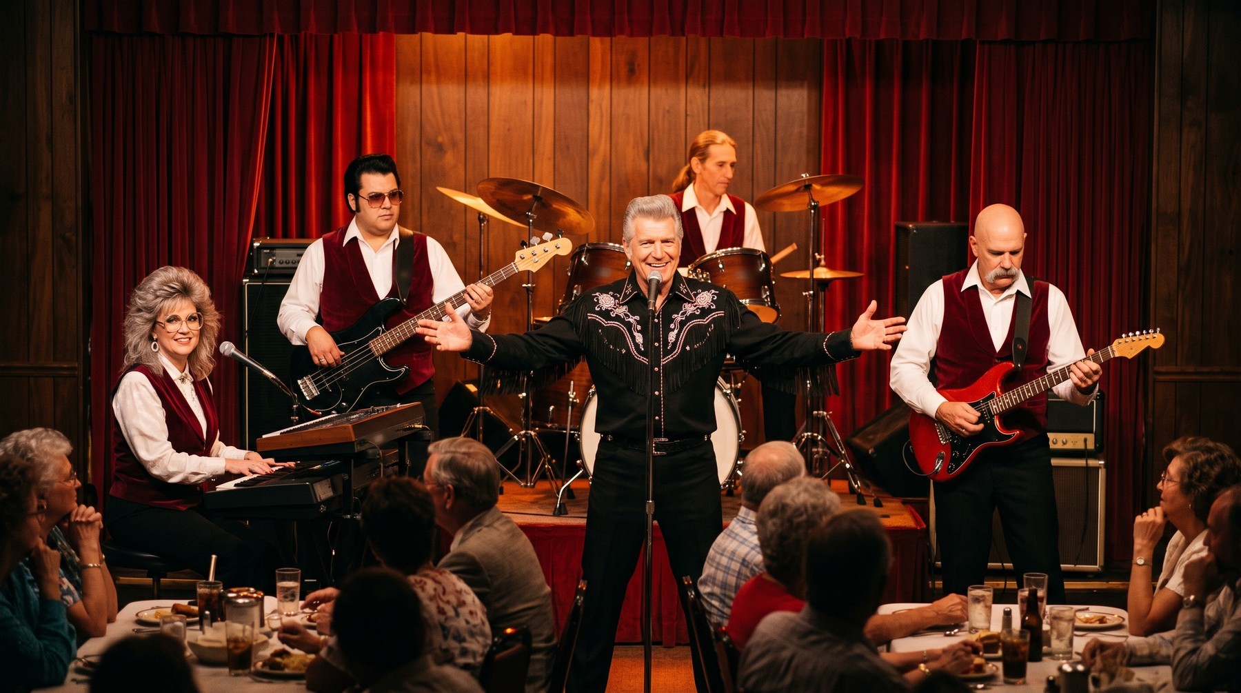 A five-piece band in burgundy vests on a small theater stage with red curtains